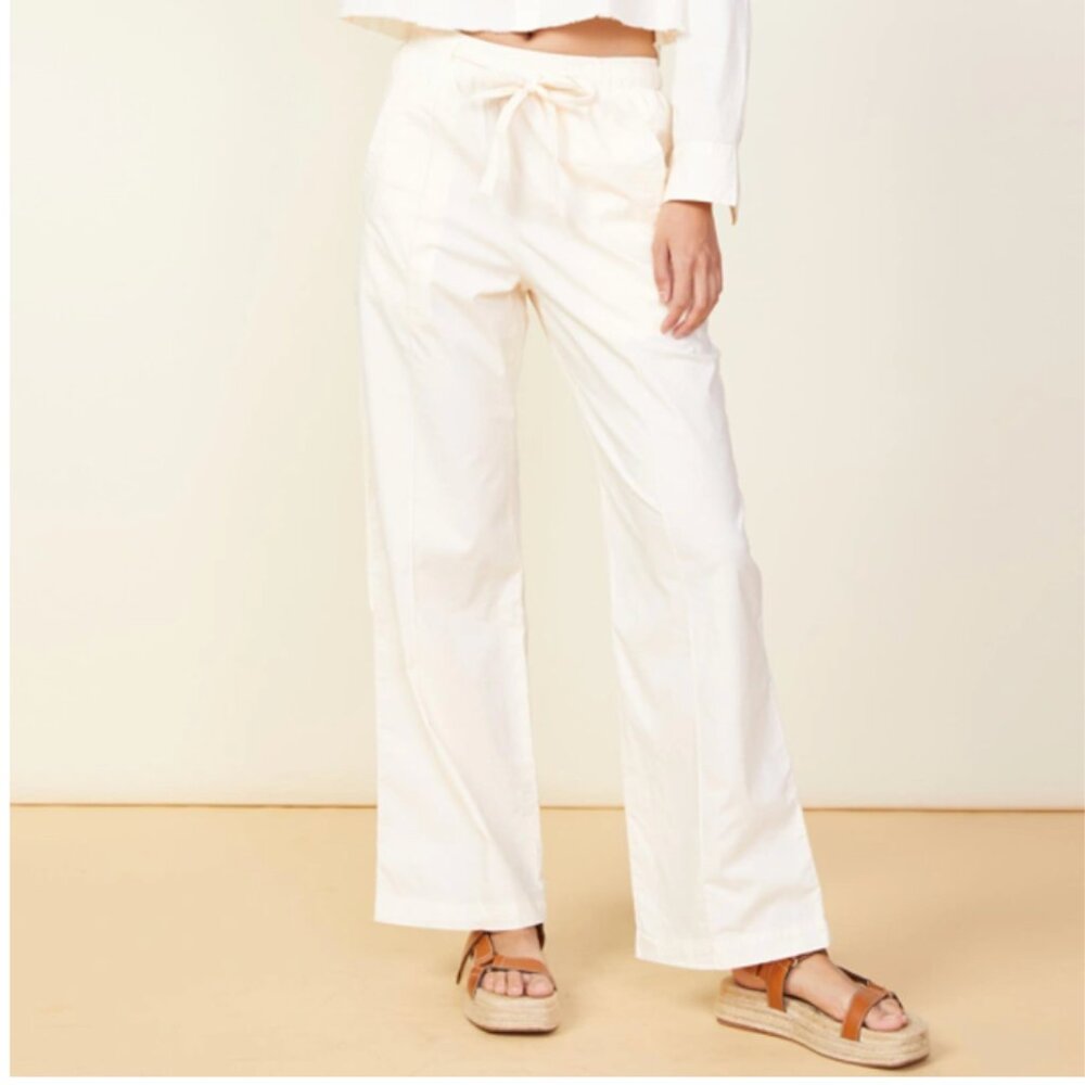 Women's Cream Drawstring Wide-Leg Pants